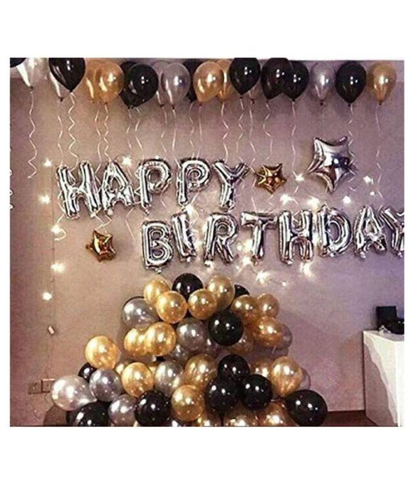 Happy Birthday Letter Foil Balloon Set of (Silver) + Pack of 50 Metallic Balloons (Black, Gold and Silver)