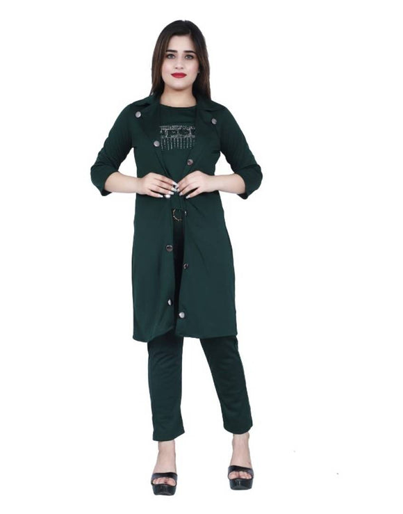 Stylish Lycra Blend Stretchable 3 Pc Set Top With Pant And Coat Style Shrug