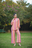 Multi Mull Cotton Candy Stripes Button Down Shirt With Palazzo Co-ord Set